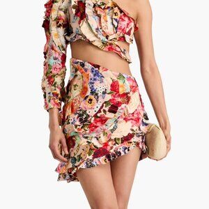 NWT ZIMMERMANN Asymmetric floral-print linen and silk-blend mini skirt
